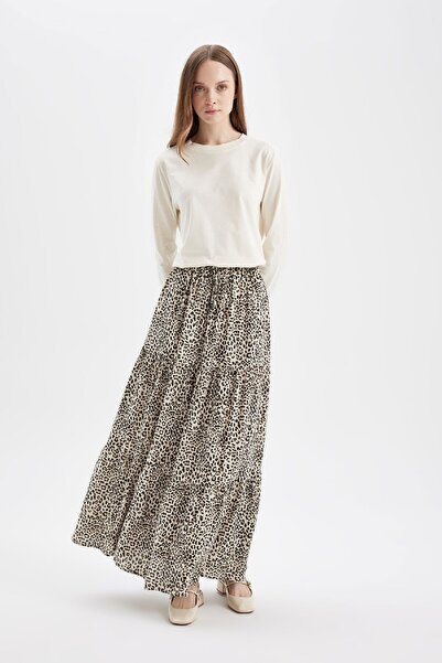 DeFacto A-Line Leopard Patterned Flounced Long/Maxi Skirt D1491Axns