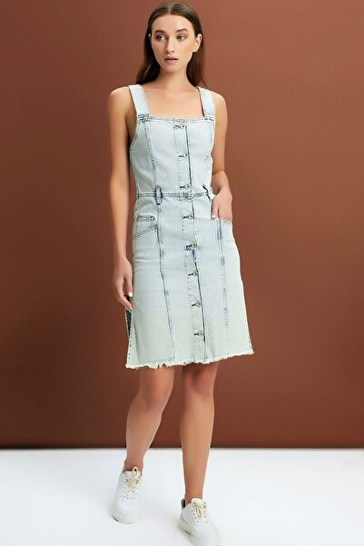 MissThetis Yıkamalı Kalın Askılı Ön Arka Kare Yaka Düğmeli 5 Cepli Şık Ve Coo...