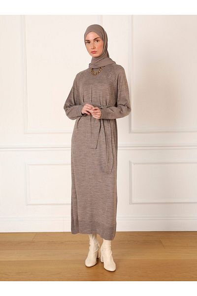 Refka Gürtel Detaillierte Reglan Ärmel Strick Hijab Kleid - Nerz - Refka