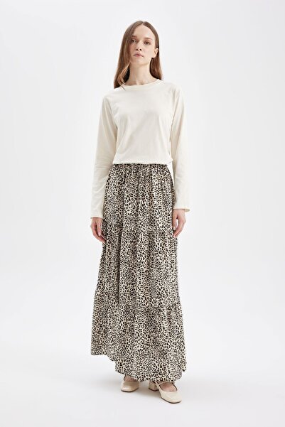 DeFacto A-Line Leopard Patterned Flounced Long/Maxi Skirt D1491Axns