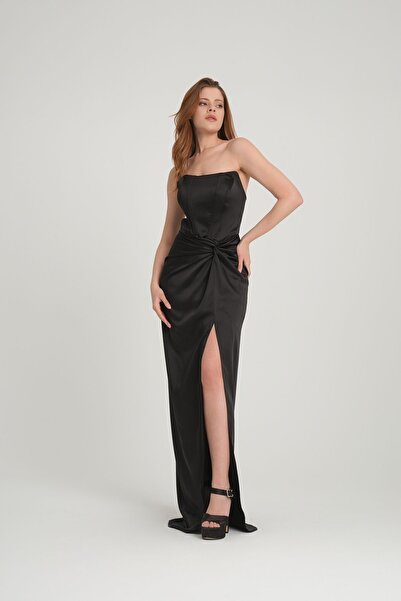 meksila kadın saten straptes balenli düğüm detaylı yırtmaçlı uzun saten astarlı düğün nişan davet abiye