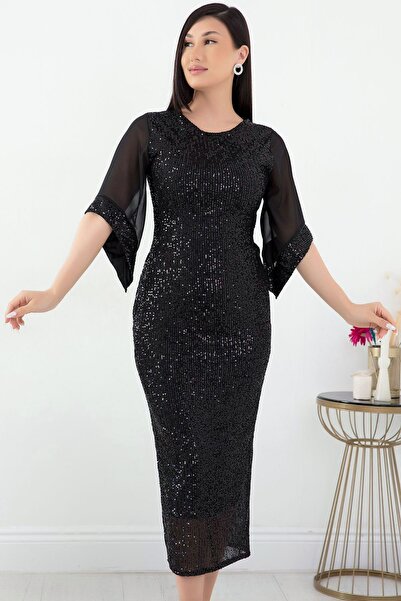 MissThetis Yuvarlak Bisiklet Yaka Fermuarlı Pul Payet Şık İspanyol Tül Kol Midi Boy Parlak Gece Elbise