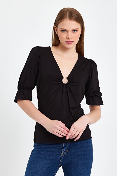 ESPİNA Floral Patterned Wrapped V-Neck Blouse with Front Buckle