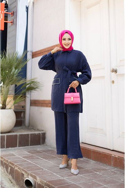 Tesettür Diyarı Indigo Set - Stone Detailed Pocket Covers, 95cm Pants Length and 85cm Shirt Length