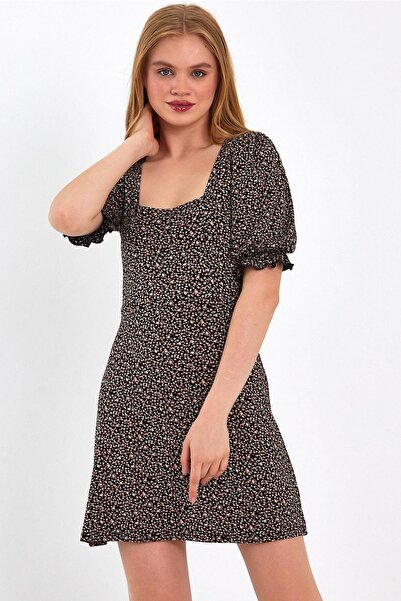 ESPİNA Black Floral Patterned Square Neck Sleeve Elastic Knitted Mini Dress