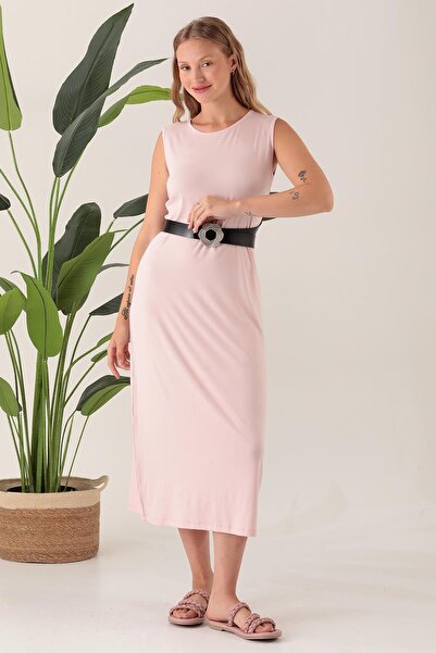 ESPİNA Women's Belted Long Sleeveless Poly Viscose Daily Rescue Dress