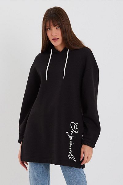 ESPİNA Women's Embroidered Side Slit 3 Thread Fleece Hooded Tunic