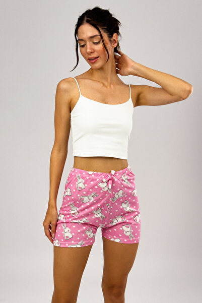 Betimoda Kadın %100 Pamuklu Süprem Desenli Yumuşak Basic Mini Şort Büyük Tavşan Pembe