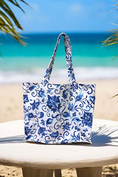 Mirayes Tasarım Kadın Mavi Çiçekli Baskılı Kumaş Bez Çanta-Beach bag