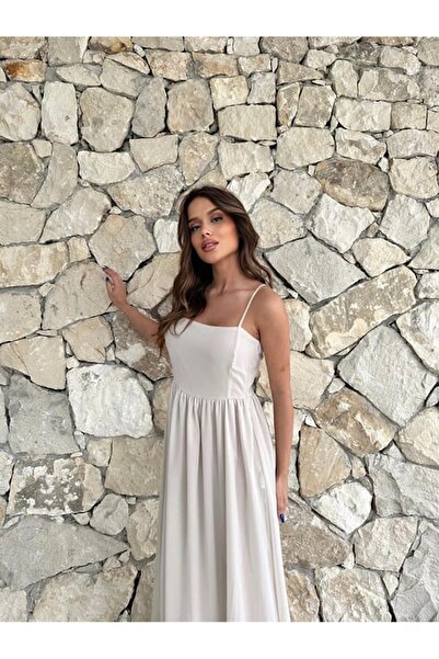 NBY Taş Rengi İnce Askılı Uzun Elbise