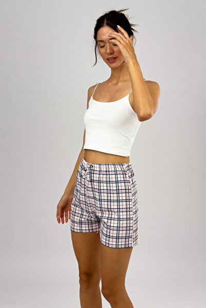 Betimoda Women's 100% Cotton Single Jersey Patterned Soft Basic Mini Shorts Red Stripe White Square