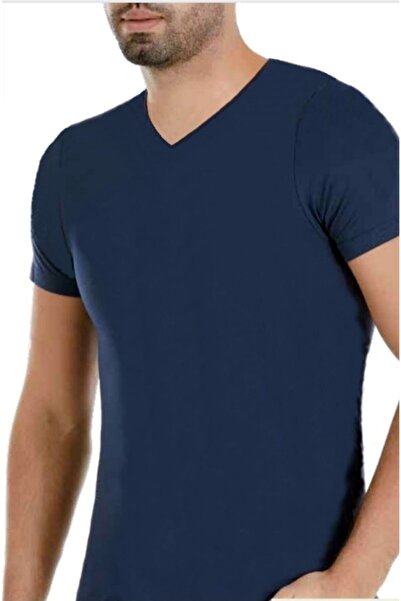 YILDIZ Erkek  V Yaka Slim Fit Lacivert Bambu T-shirt