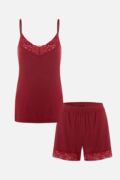 koza iç giyim Women's Viscose - Soft Textured Rope Strap Lace Detailed Shorts Set