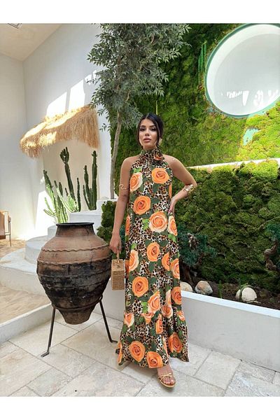 S&A Collectionn Rochie de damă cu imprimeu leopard cu trandafiri florali, cu croiala relaxată - decolteu