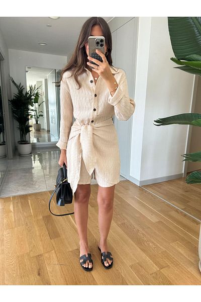 Laluvia Pleated Beige Overalls - Front Button and Side Tie Detail