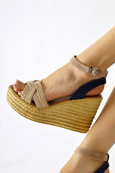 Limoya Ashlynn Navy Blue Nude, Beige Suede Straw Strap Wedge Heels
