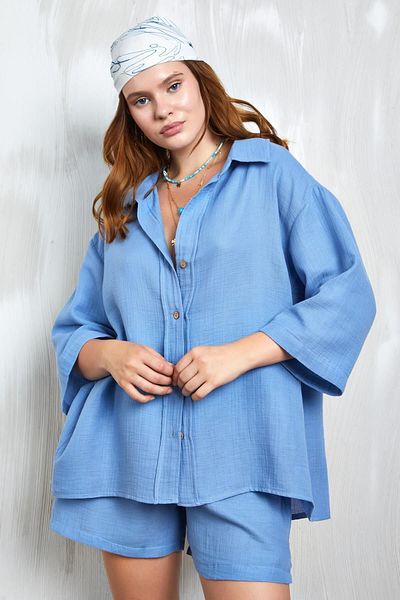 minaaise Cămașă oversize cu mânecă slabă din muselină indigo - 27349