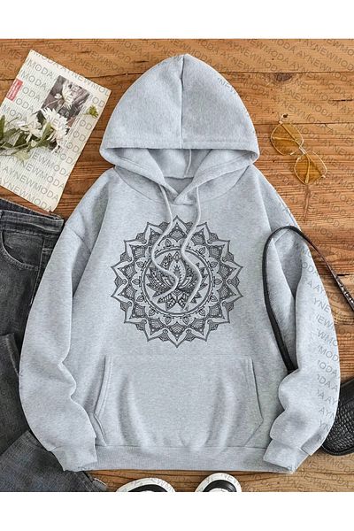 aynewmoda Hanorac oversize cu glugă unisex - decolteu, imprimat cu model