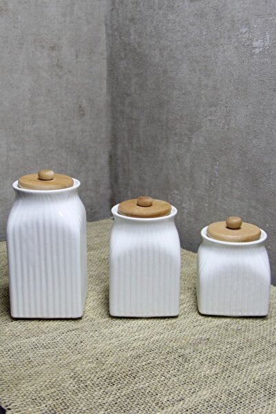 İLİVA 3' Lü Vakumlu Ahşap Kapaklı Beyaz Kavanoz Seti Takımı Baharat Çay Tuz Ş...