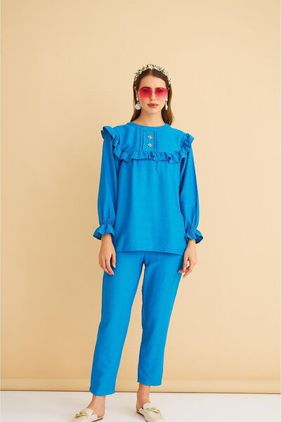Basicpark Porty Stone Embroidered and Ruffle Detailed Blue Tunic Trousers Set