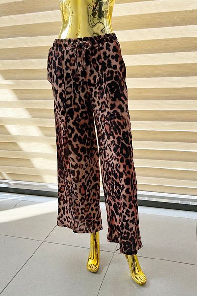 NKTCOLLECTİON Women's Leopard Patterned Slit Satin New Season Pants Nkt-tpshw-002