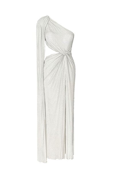 TARA COŞKUNTUNCEL Tek Omuz Cut Out Yırtmaç Detaylı Pelerinli Uzun Taşlı Abiye...