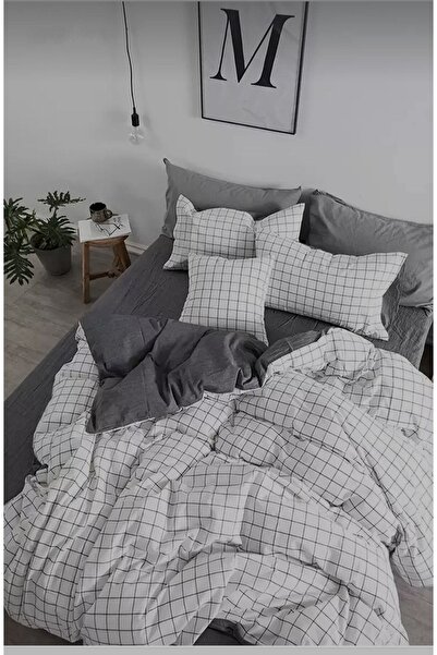 MORRİVAL طقم غطاء لحاف أنيق مزدوج الجوانب باللون الرمادي وغطاء لحاف بنمط مربعات