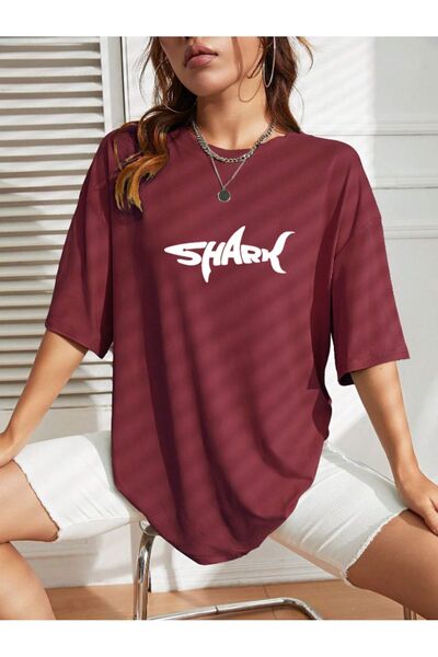 MEİLİFENG Tricou oversize din bumbac cu imprimeu rechin unisex - decolteu