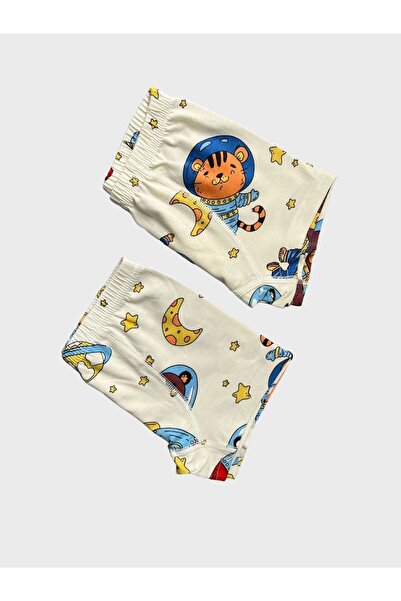 elmas kids Erkek Çocuk Pamuklu Astronot Hayvanlar Desenli Ekru 2li Boxer