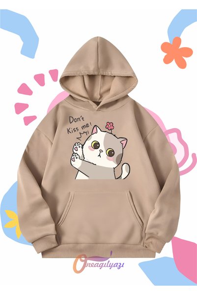 oneagılyazı Children's Unisex Don'T Kiss Me Cat Printed Oversize Hooded Sweat...