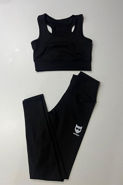 CATSPY Set de jambiere și sutien sport cu sigla neagră cu talie înaltă imprimată