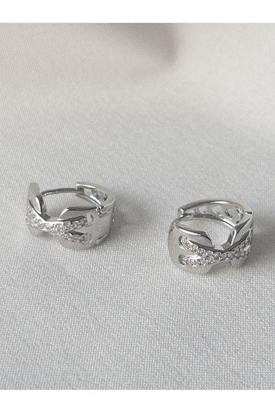 Siya Silver Minimal X Model Silver Color Jewelled Steel Hoop Earrings