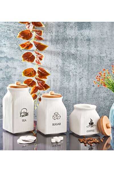 İLİVA 3' Lü Vakumlu Ahşap Kapaklı Beyaz Kavanoz Seti Takımı Baharat Çay Tuz Şeker Kahve Kavanozu