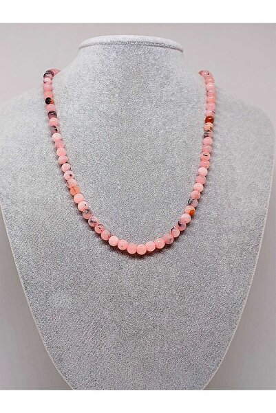 Yasamtohumu Pembe Siyah Alacalı Opal Taşı Kolye 6mm (Sabit Klipsli)