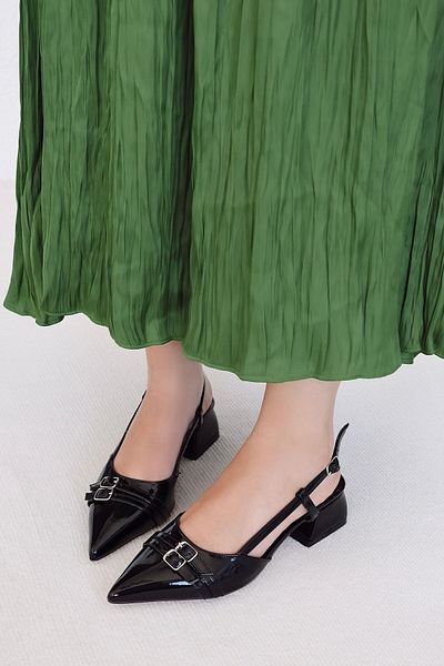 POLKA STORE More Patent Leather Open Back Pointed Toe Helmet Short Block Heeled Mary Jane Women's Shoes