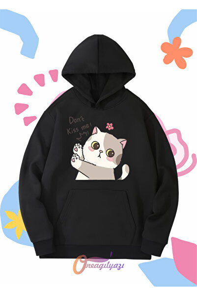 oneagılyazı Çocuk Unisex Don't Kiss Kedi Me Baskılı Oversize Kapüşönlü Sweatshirt