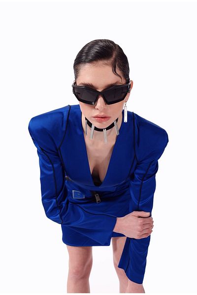 KNTLGY Super Woman Limited Edition - Blue Satin Double Breasted Crop Jacket