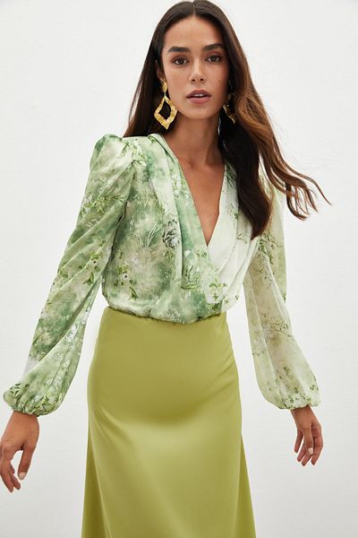 Sateen Bluză body cu imprimeu floral - VERDE