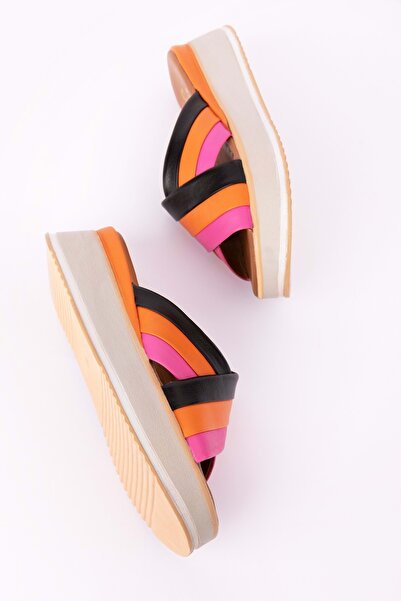 Gondol Kadın Hakiki Deri Platform Tabanlı Renkli Terlik Mlk.5350