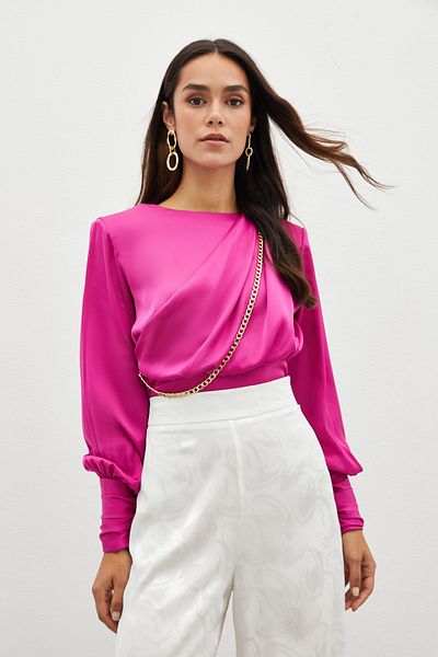 Sateen Bluză din satin cu lanț în față - FUCHIA