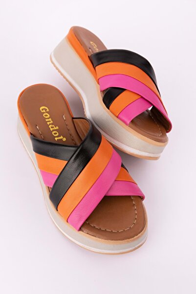 Gondol Kadın Hakiki Deri Platform Tabanlı Renkli Terlik Mlk.5350