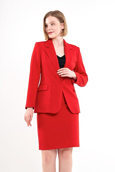 Volanlı Kırmızı Ceket Etek Takım