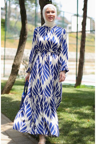 sefamerve Indigo Viscose Brush Patterned Drawstring Dress - 81869-04