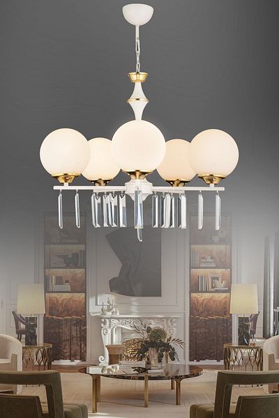 SONSUZ AYDINLATMA&AVİZE Mevlana White 5-Piece White Globe Glass Luxury Upward Facing Crystal Stone Chandelier