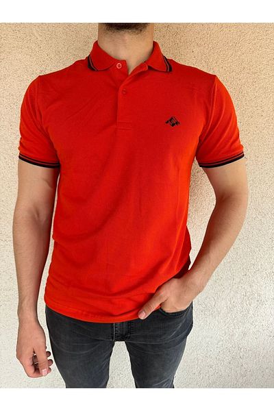 Mesh Tricou pentru bărbați, 100% bumbac, portocaliu, cu guler polo, model segmentat cu mânecă scurtă în dungi colorate