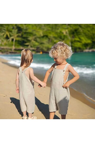 BEBEĞİME ÇORAP Unisex Çizgili Müslin Salopet Şort Tulum