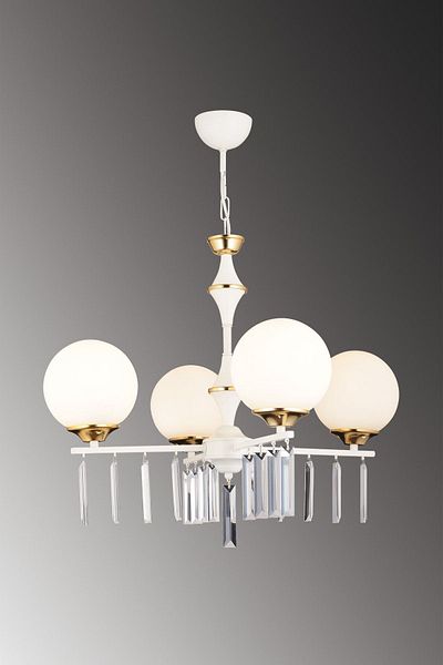 SONSUZ AYDINLATMA&AVİZE Mevlana White 4-Piece White Globe Glass Luxury Up-Facing Crystal Stone Chandelier