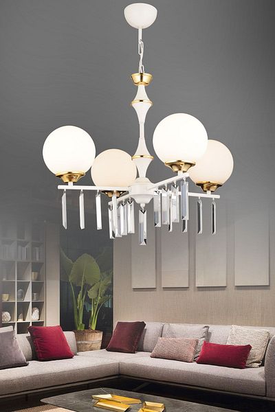 SONSUZ AYDINLATMA&AVİZE Mevlana White 4-Piece White Globe Glass Luxury Up-Facing Crystal Stone Chandelier