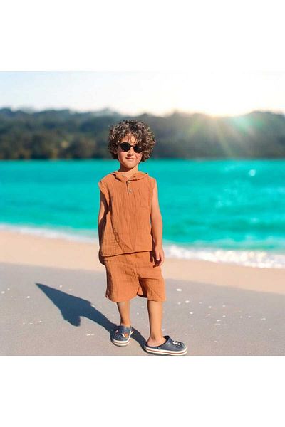 BEBEĞİME ÇORAP Boys' Muslin T-Shirt and Shorts Set - Hooded and Sleeveless