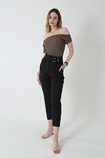 YZELALTEKS Kadın Tokalı Havuç Paça Yüksek Bel Pantolon